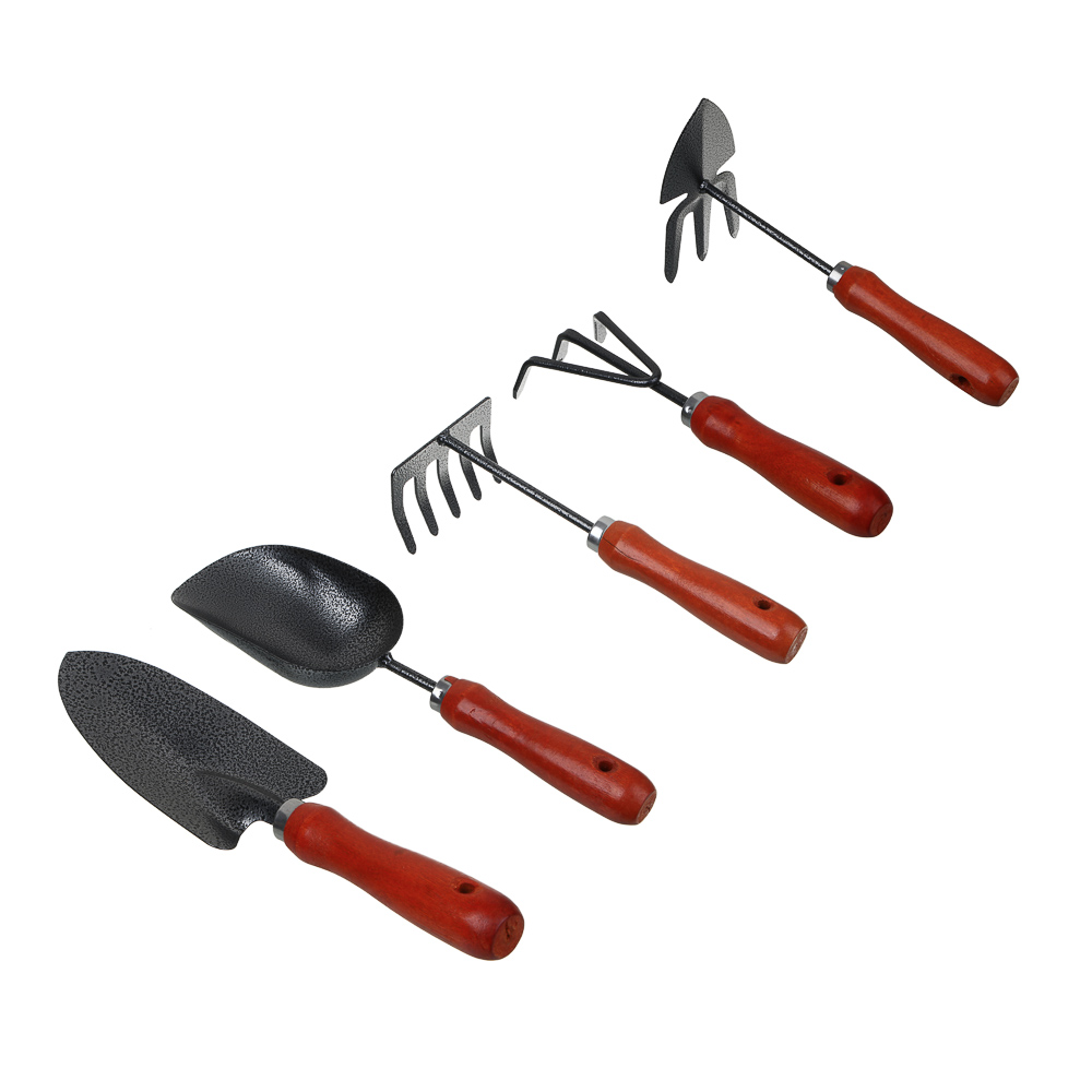 INBLOOM Набор садовых инструментов 5шт (совок, грабли, рыхлитель, мотыга, лопатка), дерево, металл, арт.№ 181-109