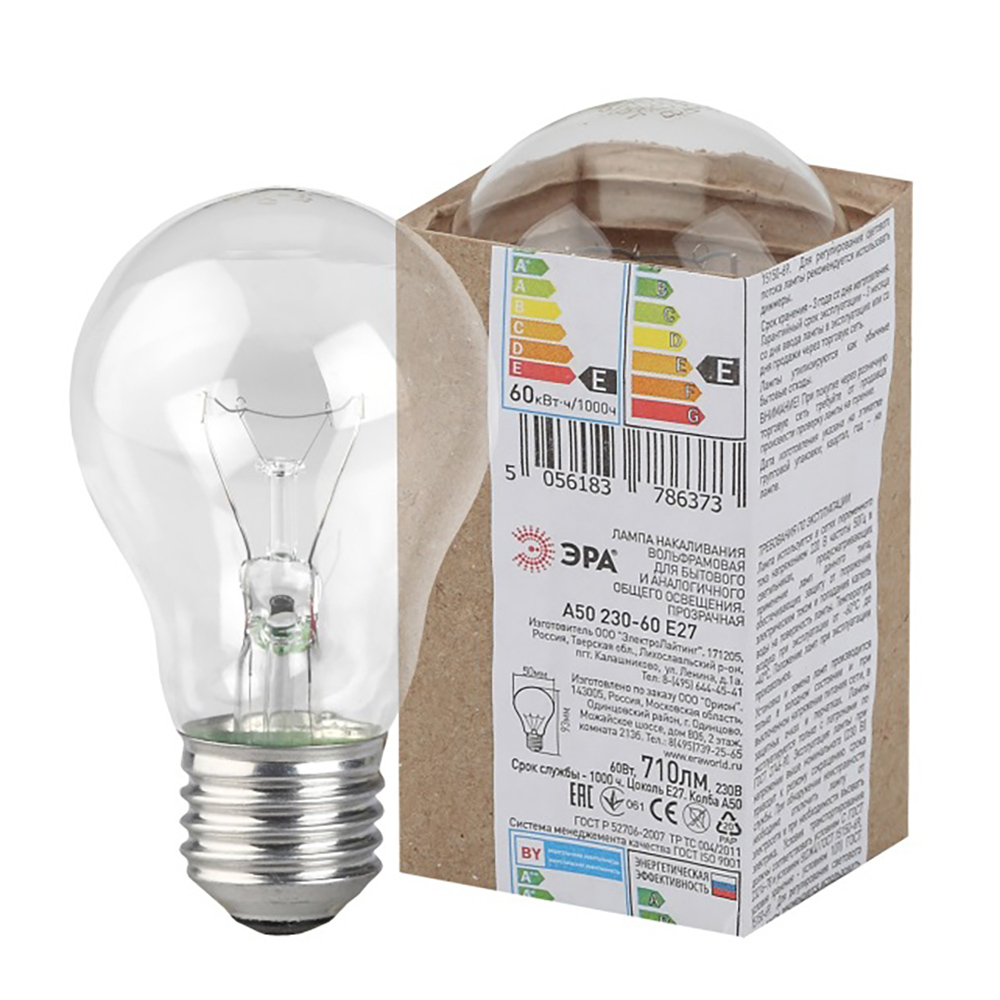 Лампа накаливания с прозрачной колбой Е27 60Вт Эра, 230В, в гофре, арт.№ 913-018