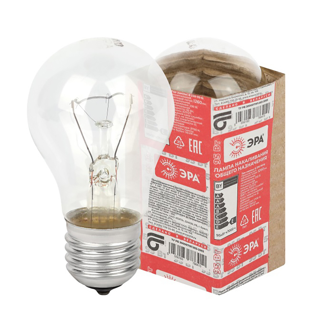 Лампа накаливания с прозрачной колбой Е27 95Вт Эра, 230В, в гофре, арт.№ 913-019