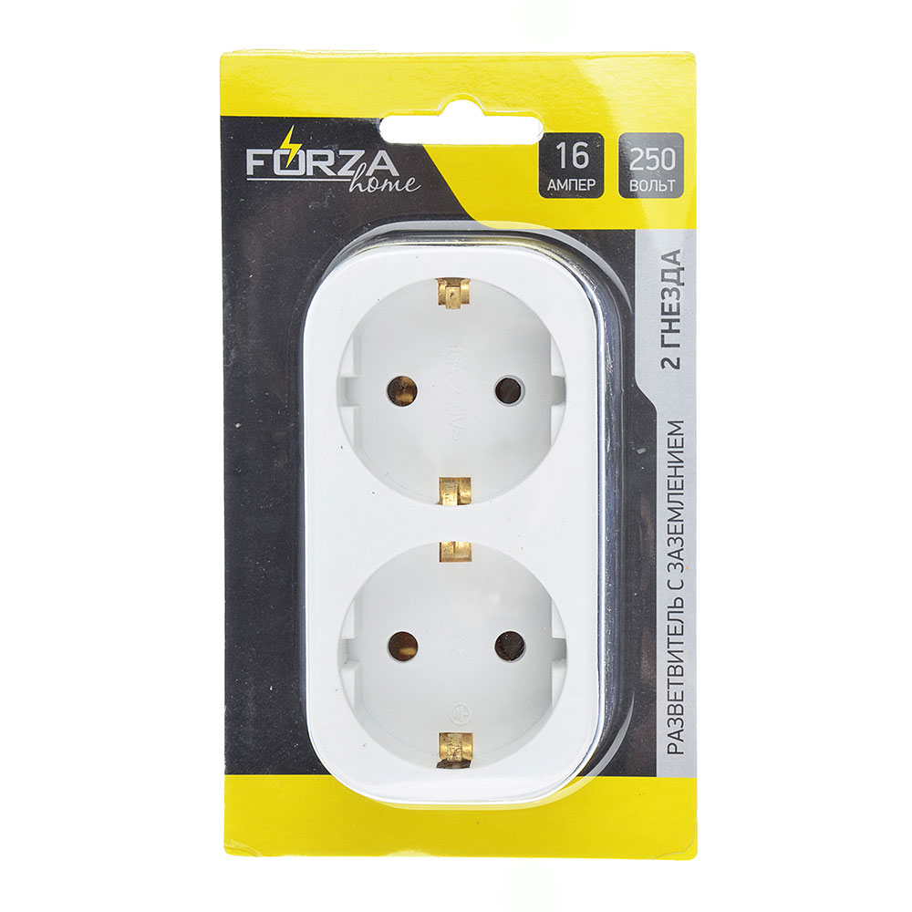 Разветвитель 2 гнезда FORZA, евро, с заземлением, ABS, 10-16А, 250V, белый, медь, арт.№ 907-064