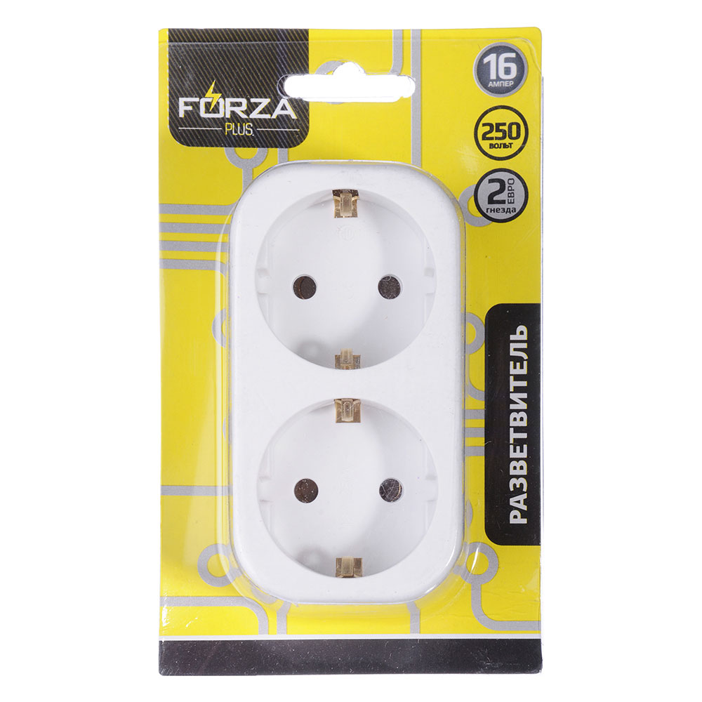 Разветвитель 2 гнезда FORZA, евро, с заземлением, ABS, 10-16А, 250V, белый, медь, арт.№ 907-064