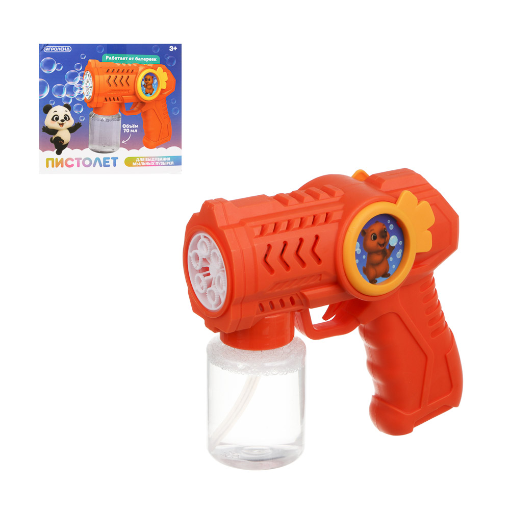 Пистолет для выдувания мыльных пузырей, ИГРОЛЕНД, PP, мыл. раствор 70 мл.,4хАА, арт.№ 460-046