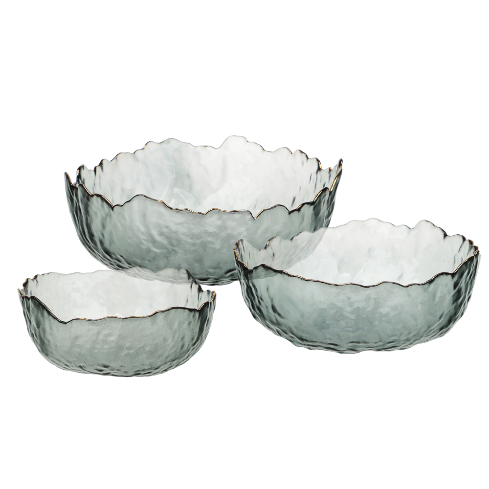 MILLIMI Набор салатников 3 шт, 13.5x13.5x6см / 17x16,5x7,5см / 20x20x9см, стекло, серый с золотой ка, арт.№ 877-747