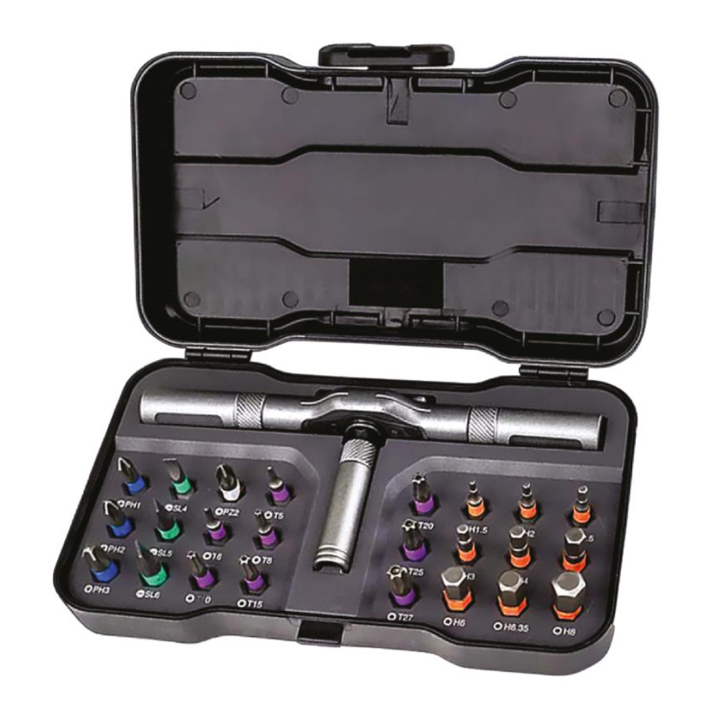 Отвертка-вороток тм ЕРМАК, Т-образная с трещоточным механизмом и набором бит (24шт), арт.№ 651-268