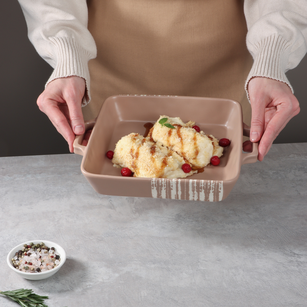 MILLIMI Форма для запекания и сервировки квадратная с ручками, керамика, 26х21х5 см, объем 1,2 л, бежевая, арт.№ 826-384