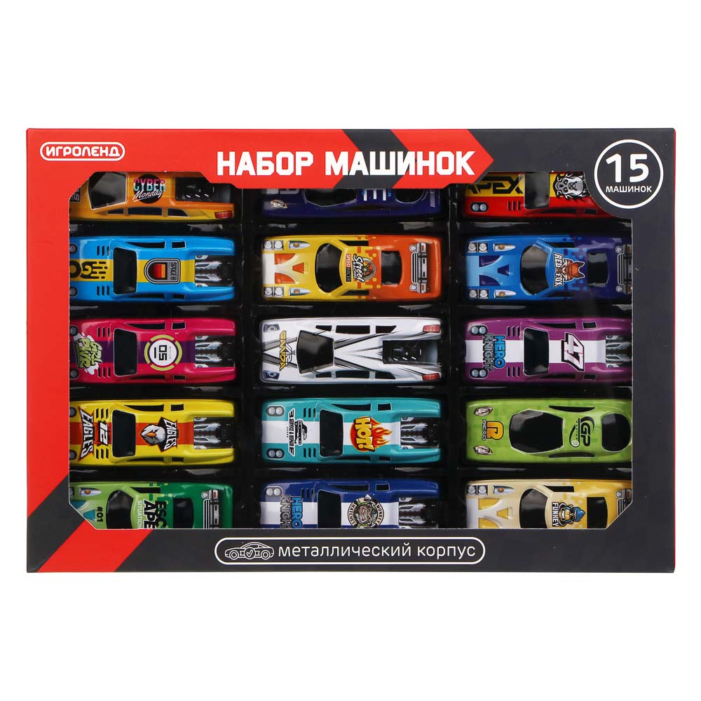 ИГРОЛЕНД Набор металлических машинок, 15 шт, металл, PP, 25х17х2 см, арт.№ 292-474