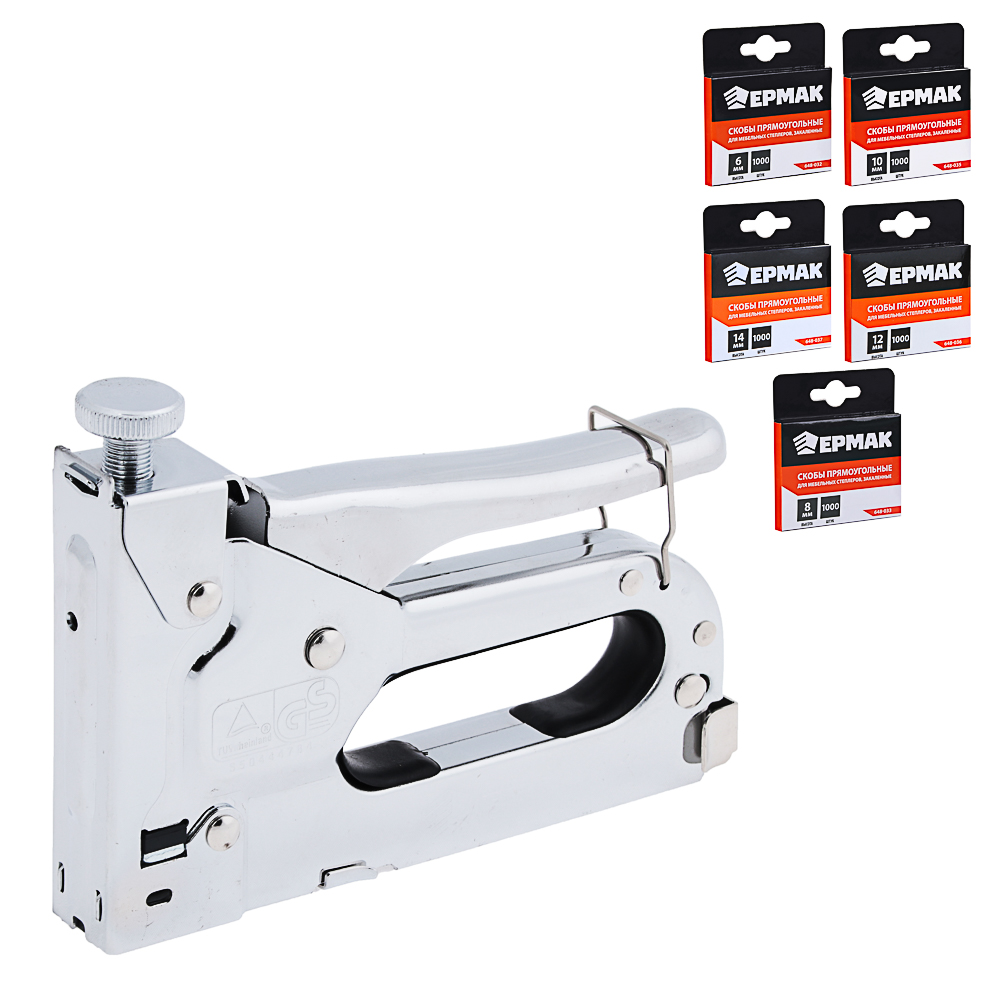 ЕРМАК Степлер мебельный с комплектом скоб (6мм/8мм/10мм/12мм/14мм по 1000шт), арт.№ 648-002