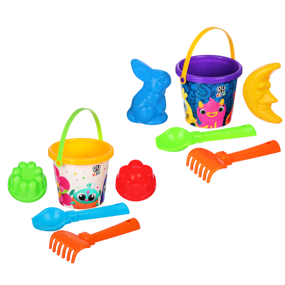 BY Песочница Набор: ведро малое с накл, совок№2, грабельки№2, 2 формочки, пластик, 2 дизайна, арт.№ 430-117