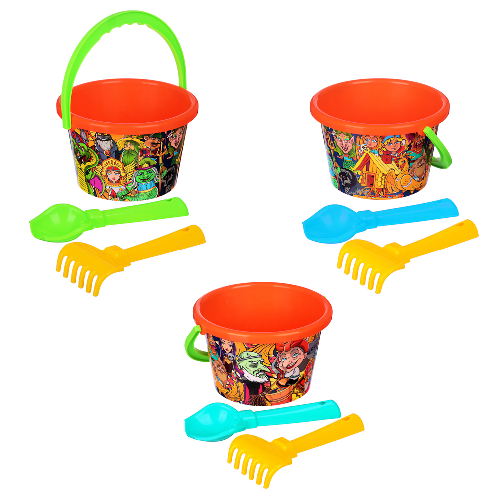 BY Песочница Набор для песочницы, ведро среднее с наклейкой, совок №2, грабельки №2, пластик, арт.№ 430-118
