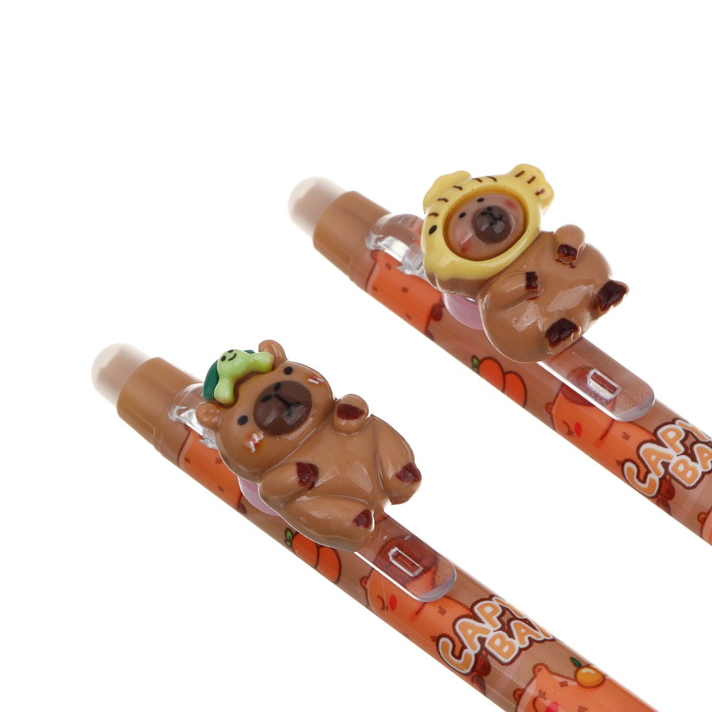 Авторучка гелевая "пиши-стирай" синяя, вращающаяся фигурка на клипе "Капибара", эргономичная накладка, 2 дизайна, арт.№ 591-227