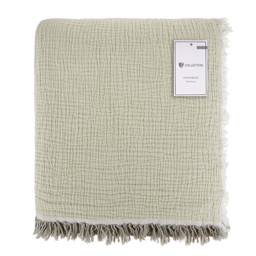 BY COLLECTION Покрывало муслиновое двухстороннее 180х230см, 100% хлопок, серый, зеленый, арт.№ 486-155