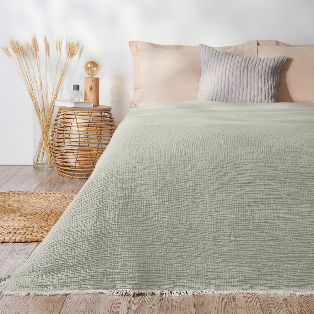 BY COLLECTION Покрывало муслиновое двухстороннее 180х230см, 100% хлопок, серый, зеленый, арт.№ 486-155