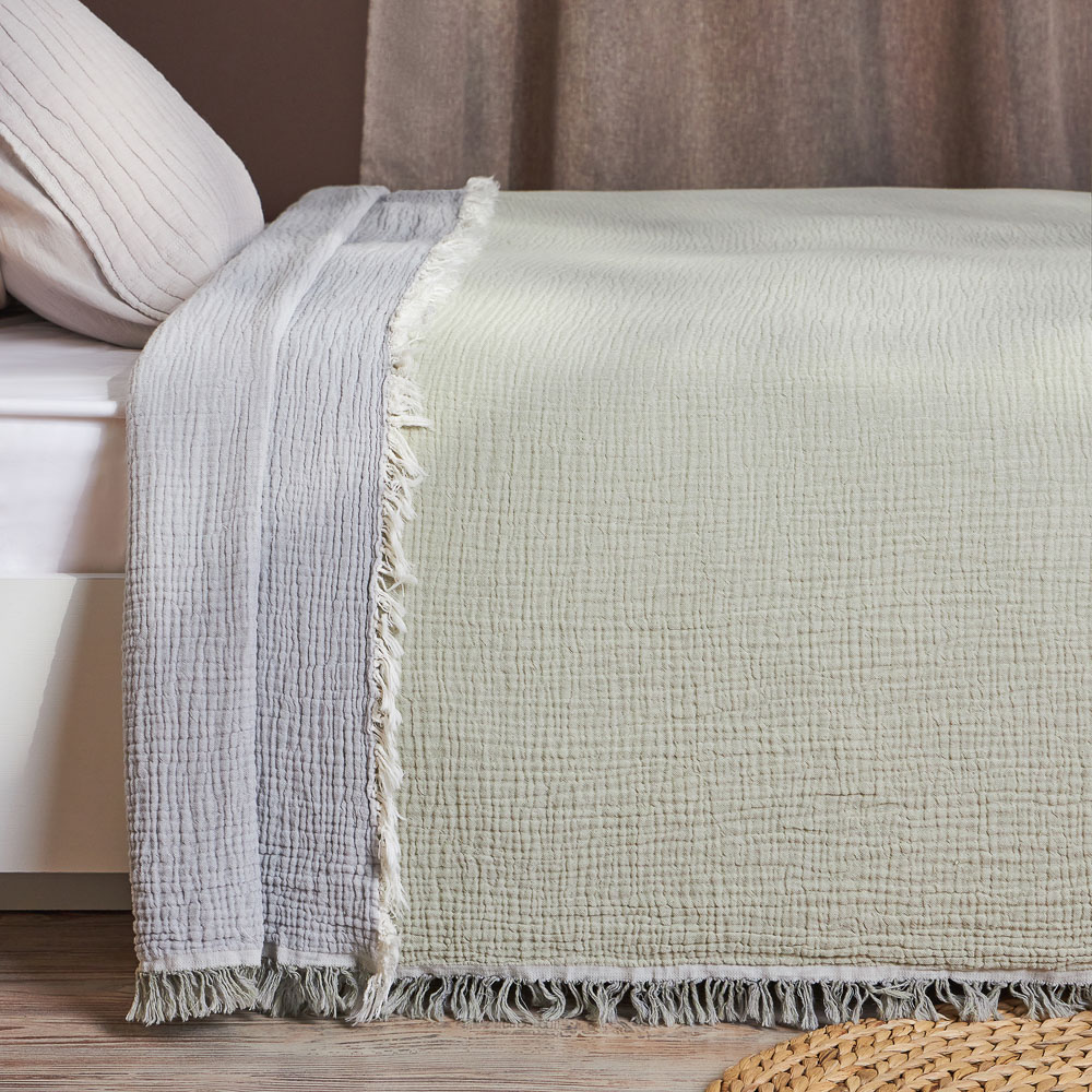 BY COLLECTION Покрывало муслиновое двухстороннее 180х230см, 100% хлопок, серый, зеленый, арт.№ 486-155