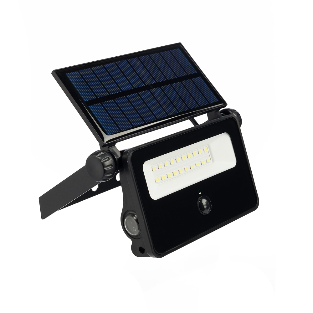 Светильник-прожектор с дат. BY движ., солн. панелью, 28LED, 2000Лм, 2600мАч, IP54, алюм., стекло, арт.№ 476-482