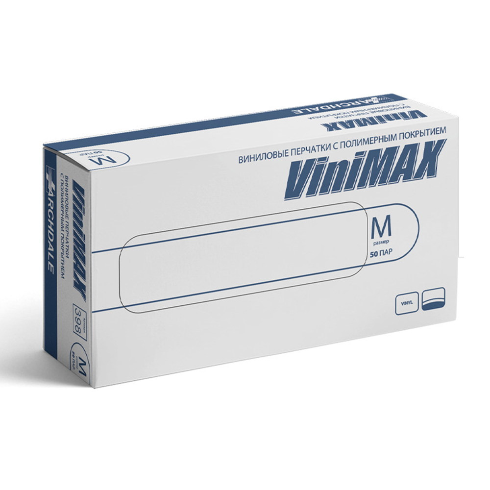 Перчатки универсальные ViniMax виниловые неопудренные гладкие белые 100шт (50пар) р.M, арт.№ 447-071