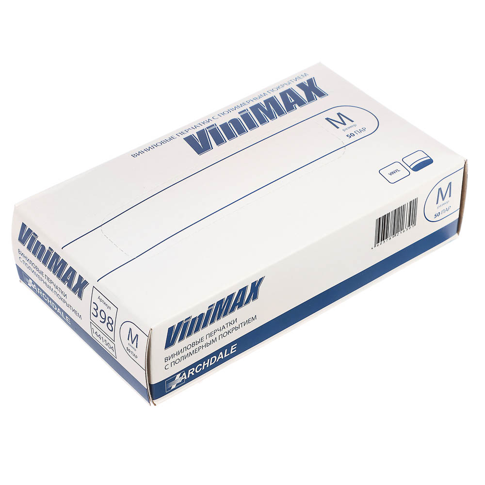 Перчатки универсальные ViniMax виниловые неопудренные гладкие белые 100шт (50пар) р.M, арт.№ 447-071