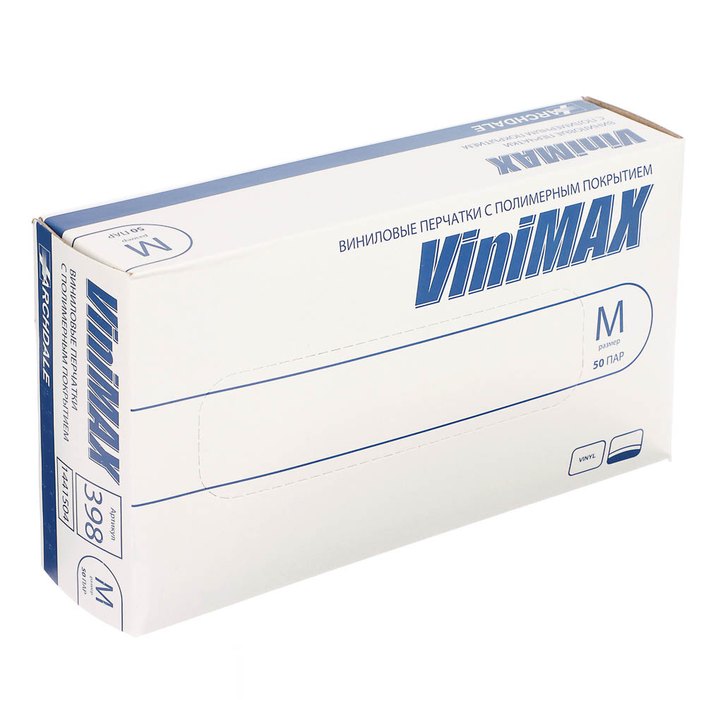 Перчатки универсальные ViniMax виниловые неопудренные гладкие белые 100шт (50пар) р.M, арт.№ 447-071