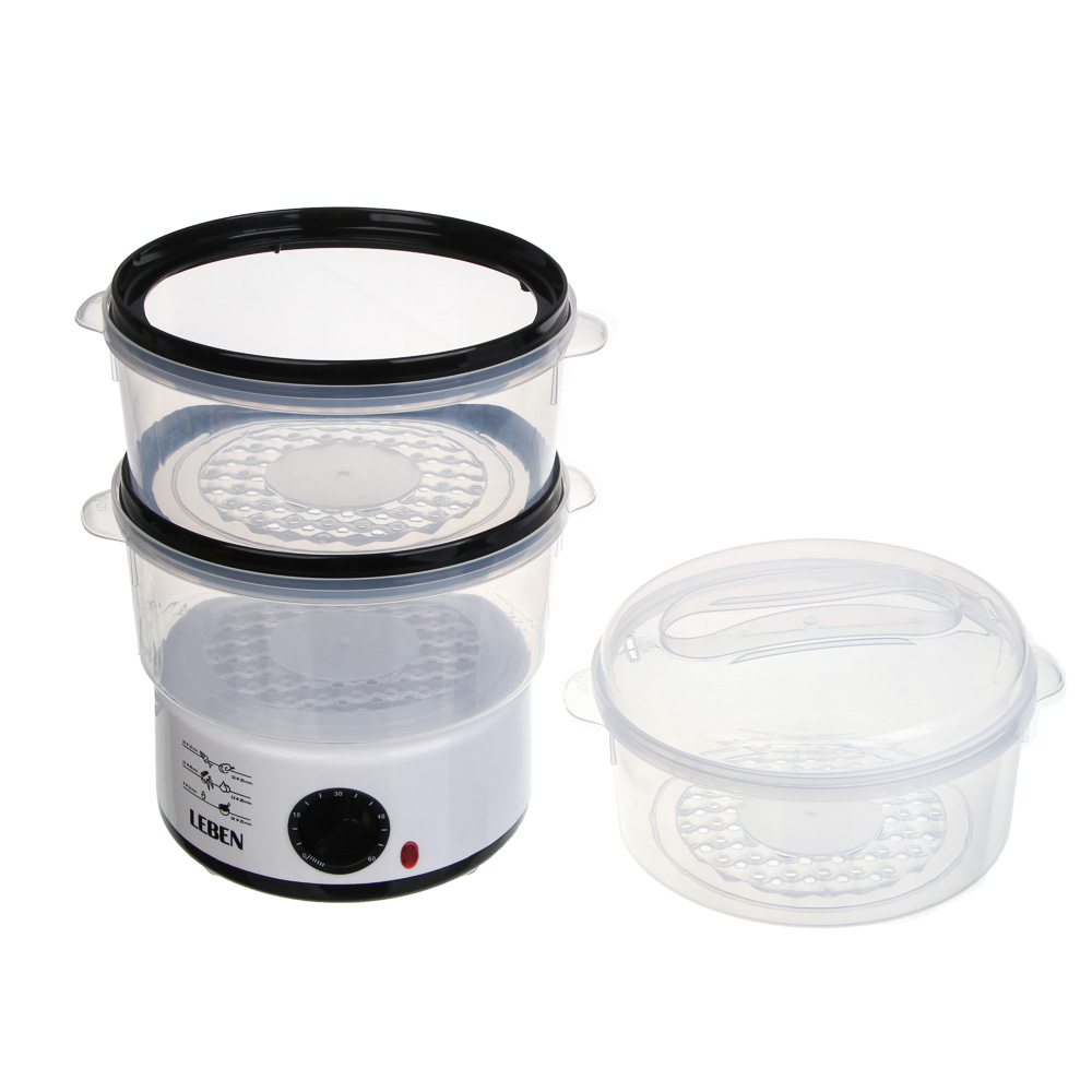 LEBEN Пароварка-мантоварка электрическая 800Вт, 3 яруса, 7,5 л, таймер, 220В, арт.№ 286-043