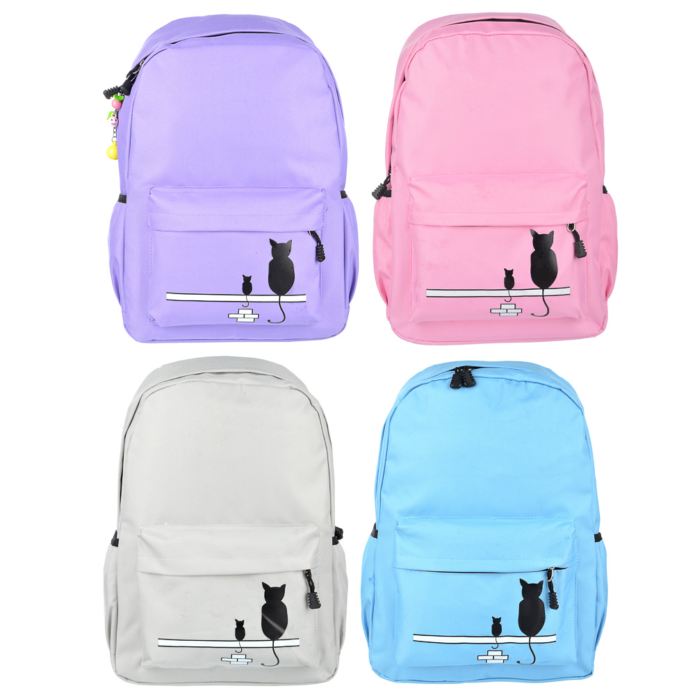 Рюкзак подростковый, 43,5x29x13 см, ПЭ, 1 отд, 3 карм,брелок из бусин,принт в форме котиков, 4 цвета, арт.№ 254-312