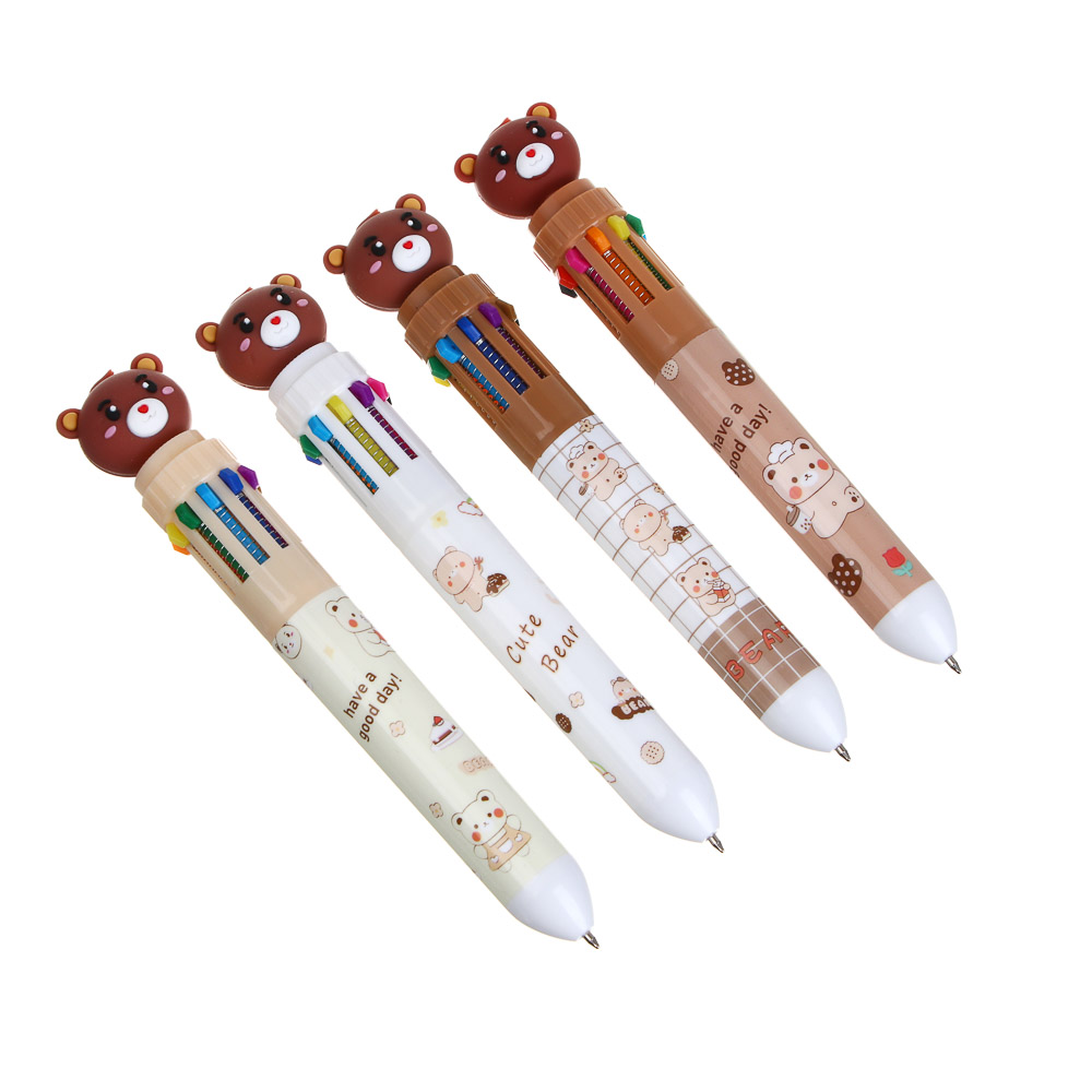 Ручка шариковая 10-цветная, с фигуркой "Мишка", 4 дизайна, арт.№ 591-229