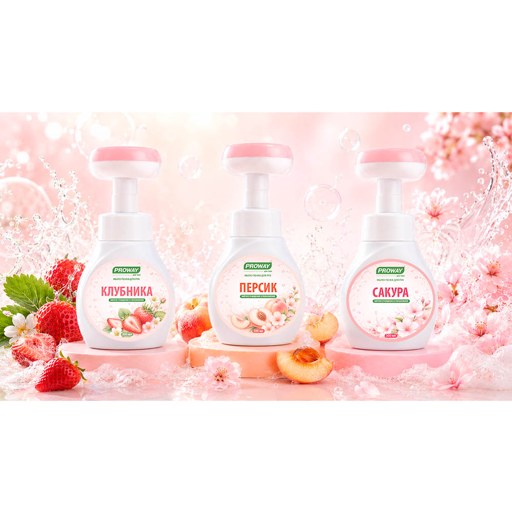 Мыло-пенка для рук в форме цветка тм PROWAY, персик/сакура/клубника, 300мл, арт.№ 930-078