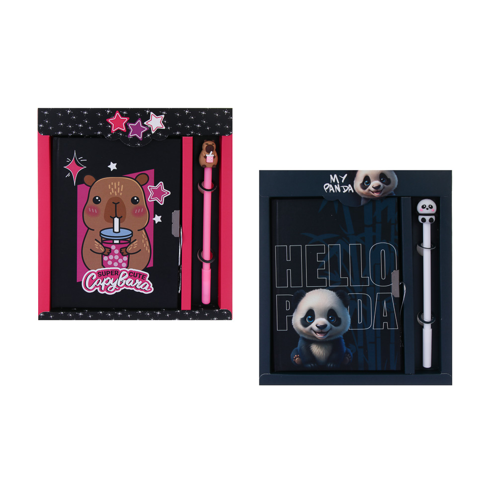 Записная книжка, 13х18 см, с замком, "Панда/Капибара", с фигурной ручкой, в коробке, арт.№ 524-297