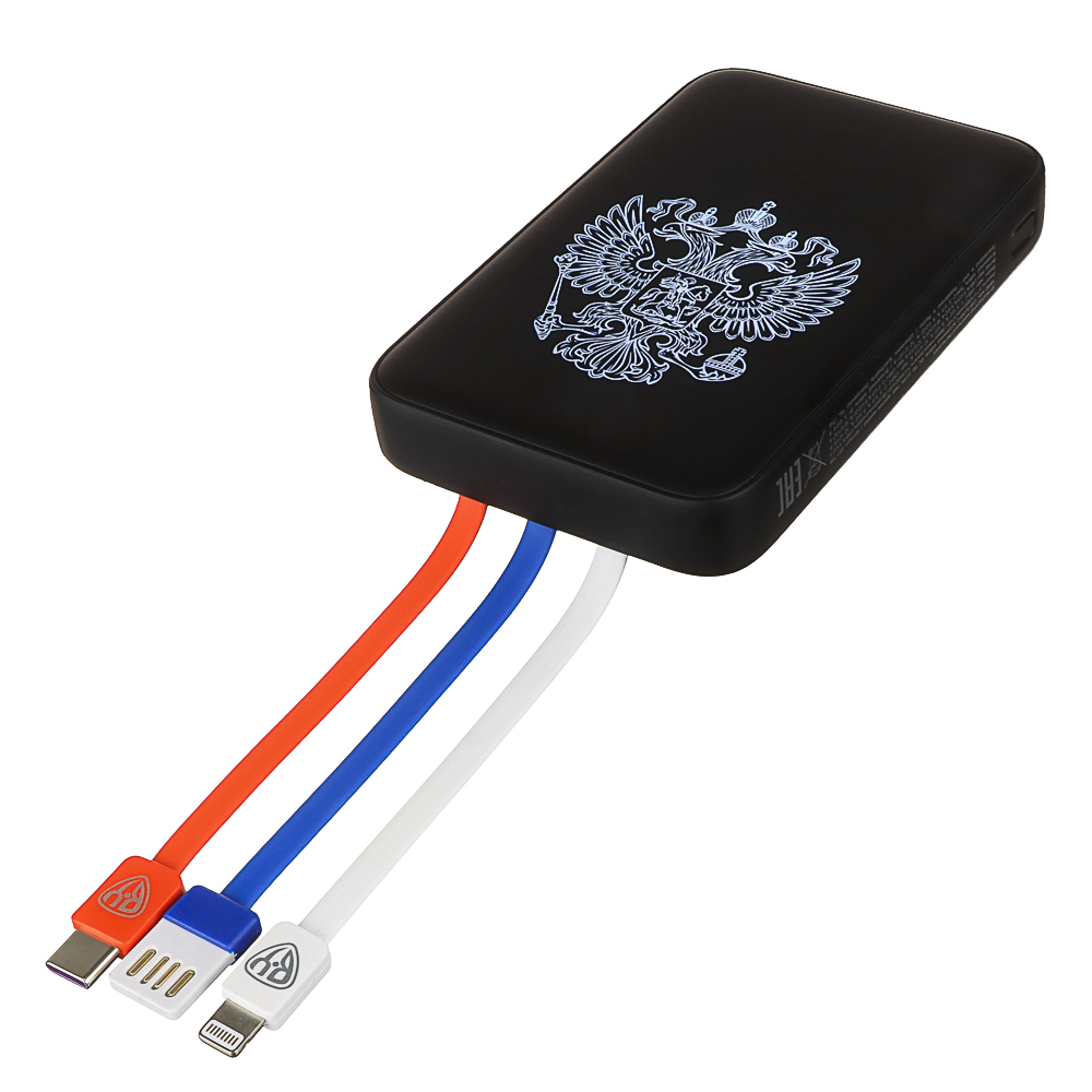 BY Аккумулятор мобильный Светящийся 10000мАч, USB-A,USBC,встр.каб.,QC,PD,22.5W, Герб, короб. красная, арт.№ 031-198