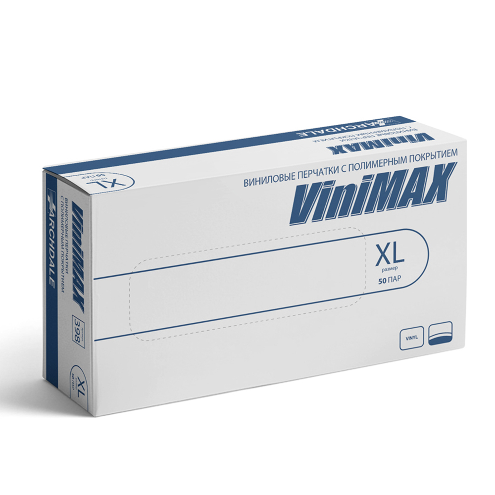 Перчатки универсальные ViniMax виниловые неопудренные гладкие белые 100шт (50пар) р.XL, арт.№ 447-072