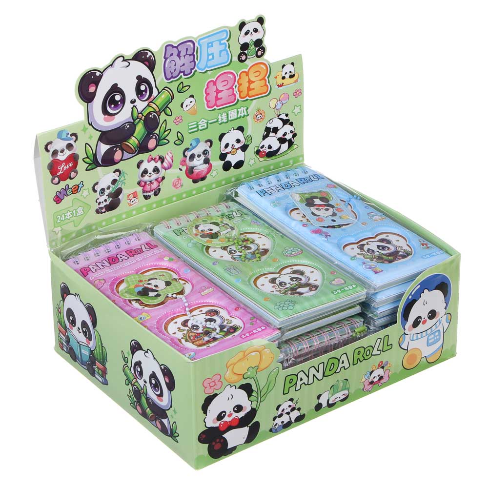 Записная книжка "Панда" 7х26см, с наклейками и брелоком, PET, бумага, 4 дизайна, шоу-бокс, арт.№ 557-090