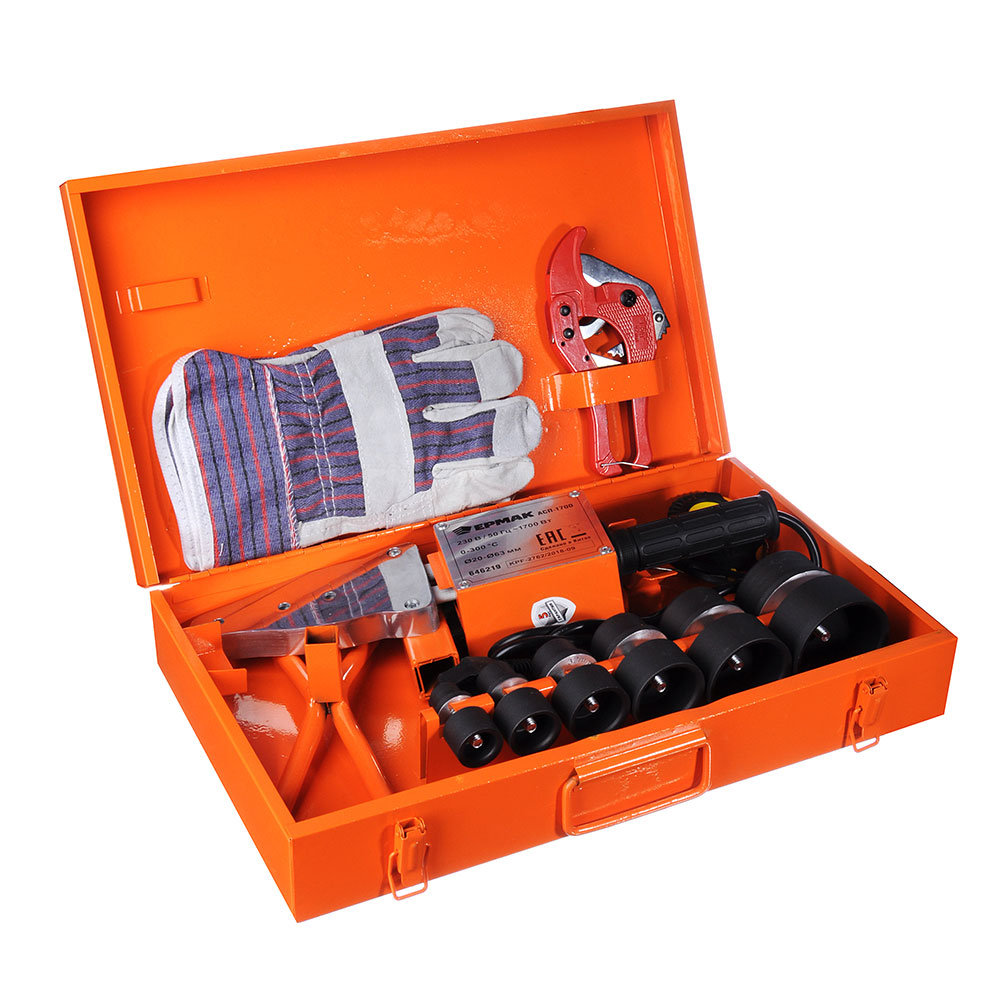 ЕРМАК Аппарат для сварки пласт. труб АСП-1700,1700 вт, 0-300 C, 6 насадок, 20-63 мм, метал кейс, арт.№ 646-219