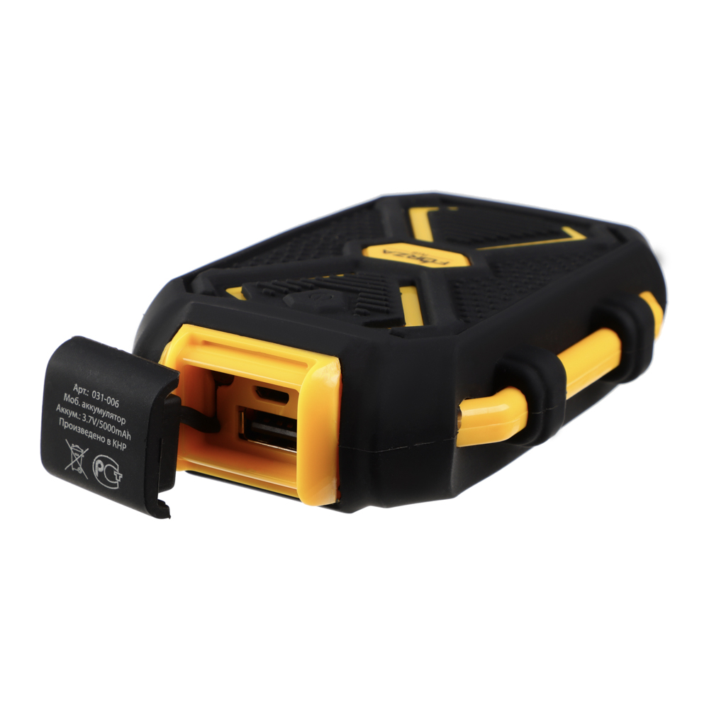 Аккумулятор мобильный FORZA 5000мАч, USB, 2А, защита IP67, фонарик, Чёрный, арт.№ 031-006