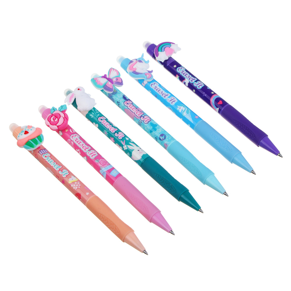 Авторучка гелевая "пиши-стирай" синяя, с кнопкой-фигуркой "Девичьи фигурки", 6 дизайнов, арт.№ 591-235