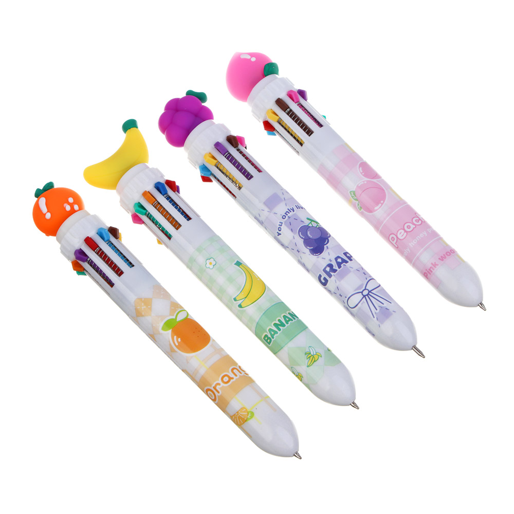 Ручка шариковая 10-цветная, с принтом на корпусе и фигуркой "Фрукты", 4 дизайна, арт.№ 591-239