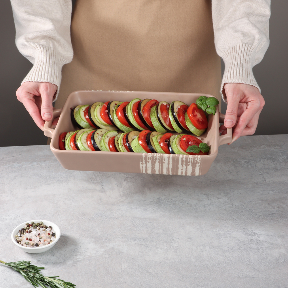 MILLIMI Форма для запекания и сервировки прямоугольная с ручками, керамика, 31х19х5,5 см, объем 1,4 л, бежевая, арт.№ 826-391