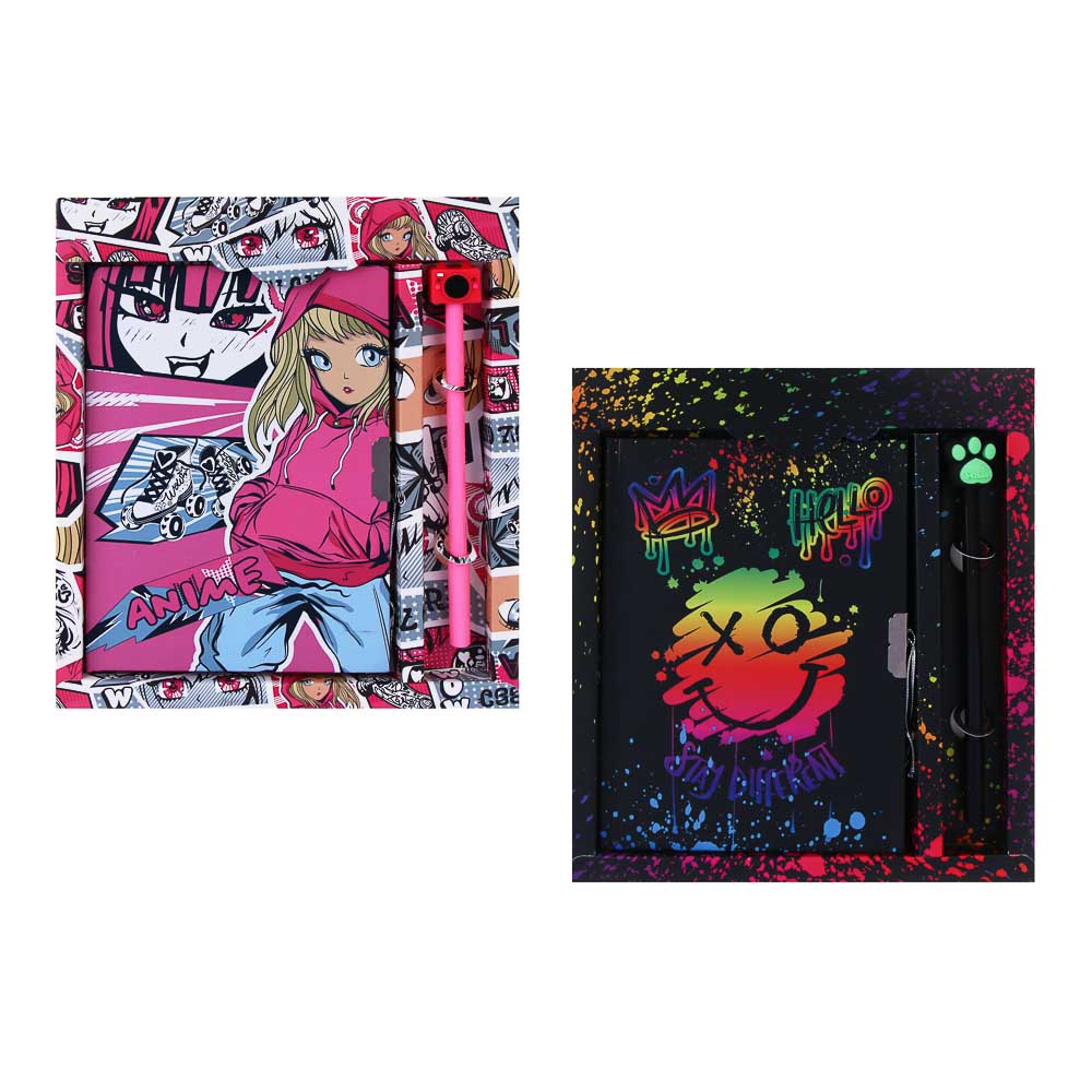 Записная книжка, 13х18 см, с замком, "Аниме/Смайл", с фигурной ручкой, в коробке, арт.№ 524-298