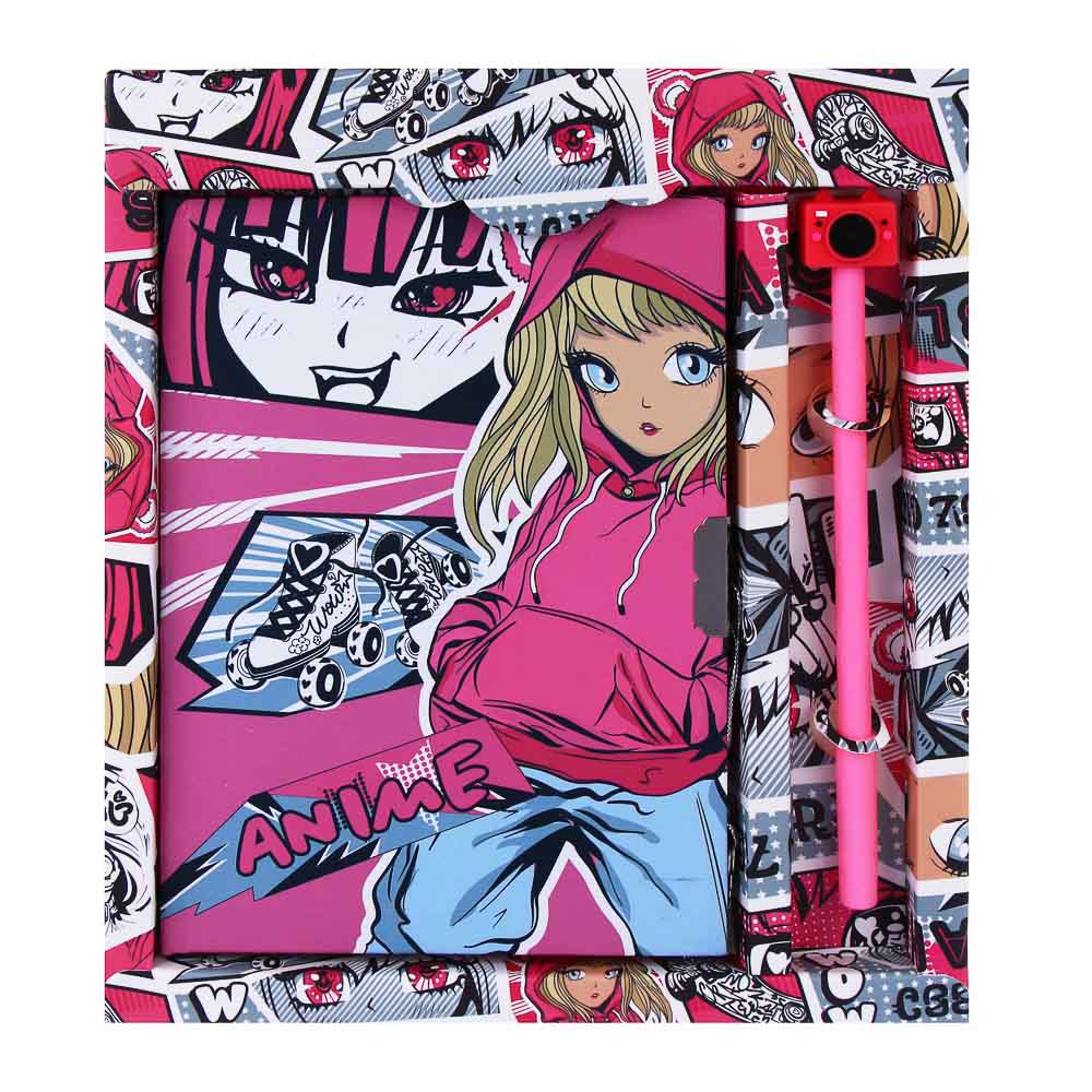 Записная книжка, 13х18 см, с замком, "Аниме/Смайл", с фигурной ручкой, в коробке, арт.№ 524-298