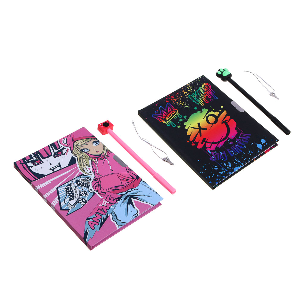 Записная книжка, 13х18 см, с замком, "Аниме/Смайл", с фигурной ручкой, в коробке, арт.№ 524-298