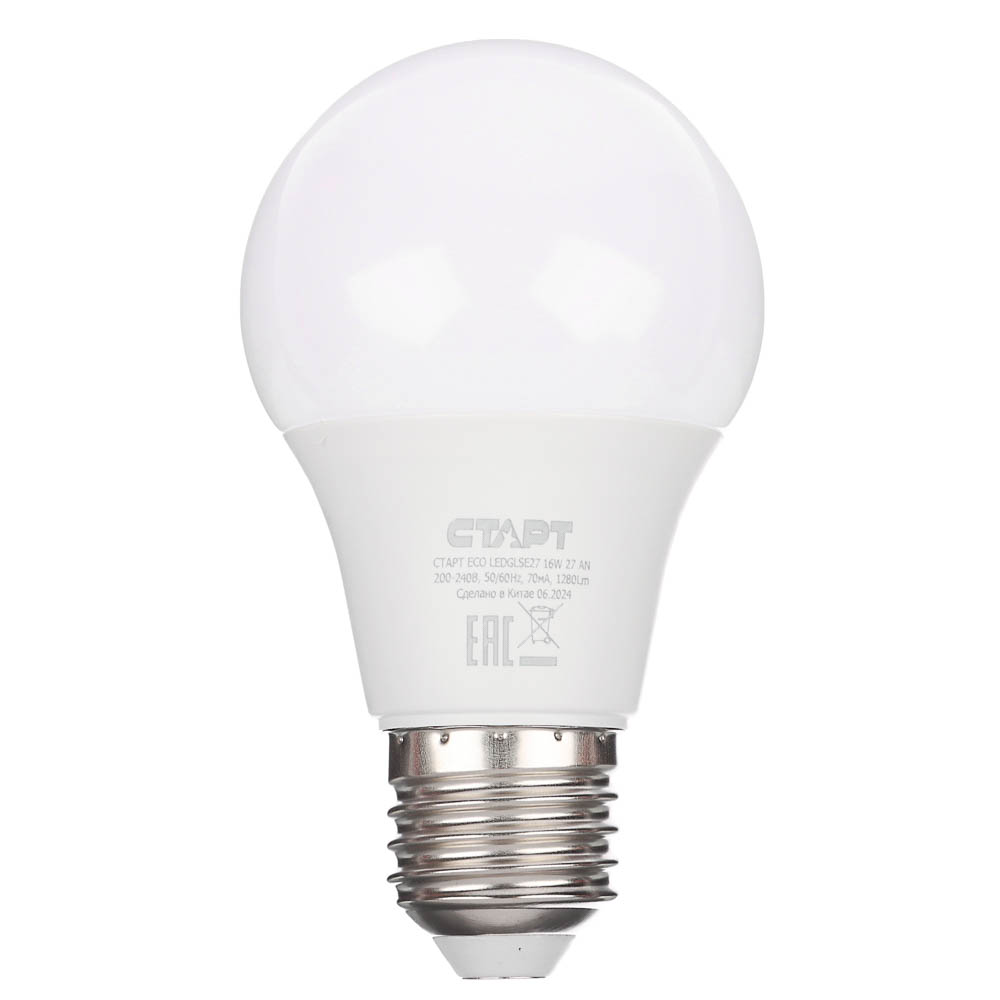 Лампа светодиодная СТАРТ 16 Вт, E27, 1200 Лм, 2700 К, форма груша, арт.№ 925-085