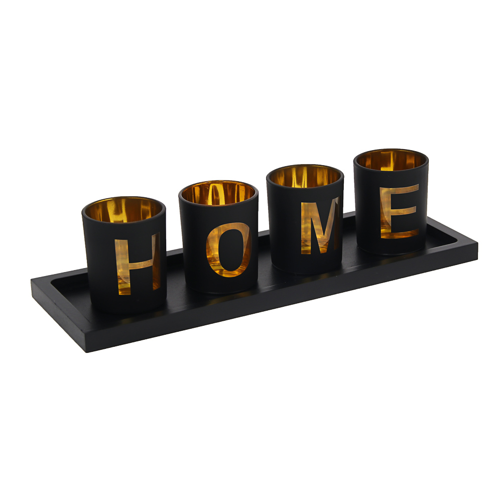 Набор подсвечников на подставке тм LADECOR 4 шт 6х6х7,5см, подставка 33,4х11,7х1,5см, стекло, дерево, арт.№ 477-265