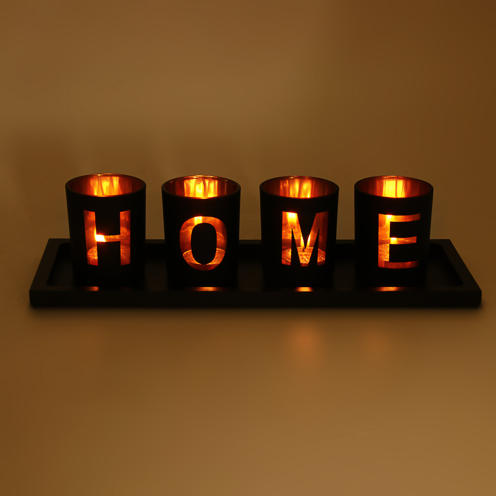 Набор подсвечников на подставке тм LADECOR 4 шт 6х6х7,5см, подставка 33,4х11,7х1,5см, стекло, дерево, арт.№ 477-265