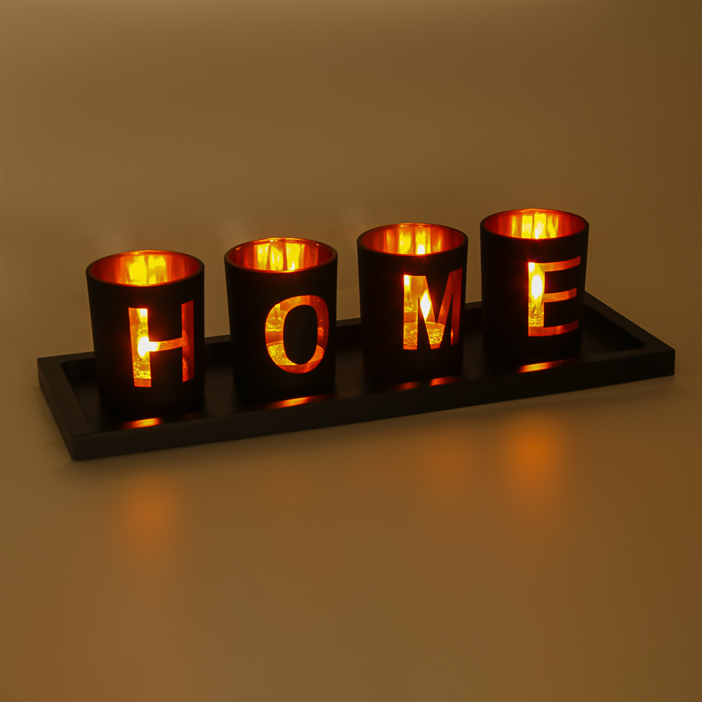 Набор подсвечников на подставке тм LADECOR 4 шт 6х6х7,5см, подставка 33,4х11,7х1,5см, стекло, дерево, арт.№ 477-265