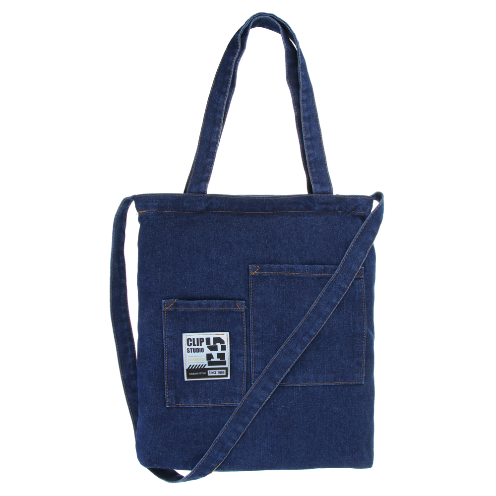 Джинс Сумка-шоппер, 35x37х7см, молния, 2 ручки, ремень, 2 накл.кармана, нашивка, джинса, синий, арт.№ 090-099
