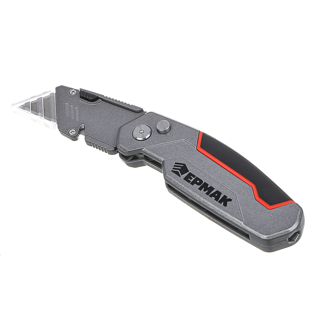 ЕРМАК Нож универсальный складной, цинк.сплав+ABS+TPR, с выдв.лезв.19мм трап.+2 запас.лезв.+2 биты, арт.№ 685-039