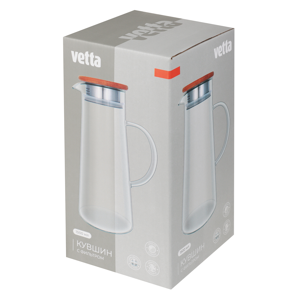 VETTA ЭКО Кувшин 1500мл, с металлическим фильтром, бамбуковая крышка, стекло, арт.№ 850-256