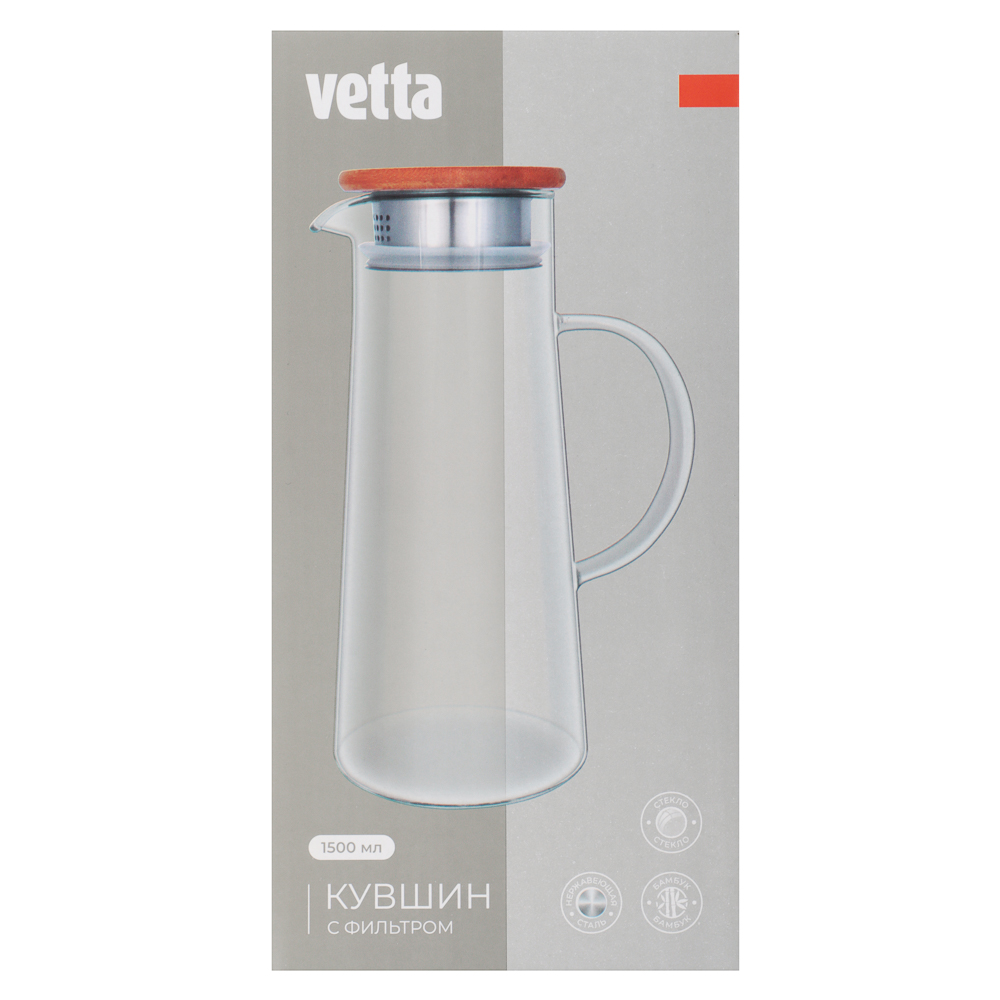 VETTA ЭКО Кувшин 1500мл, с металлическим фильтром, бамбуковая крышка, стекло, арт.№ 850-256