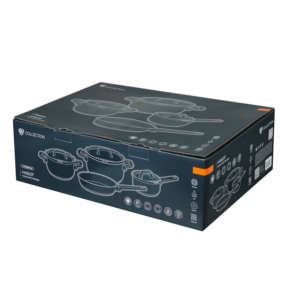BY COLLECTION Inta Набор посуды кухонной 7пр, кастрюли 5л; 3л; ковш 1,5л; сковорода 24см, нерж.сталь, арт.№ 822-290