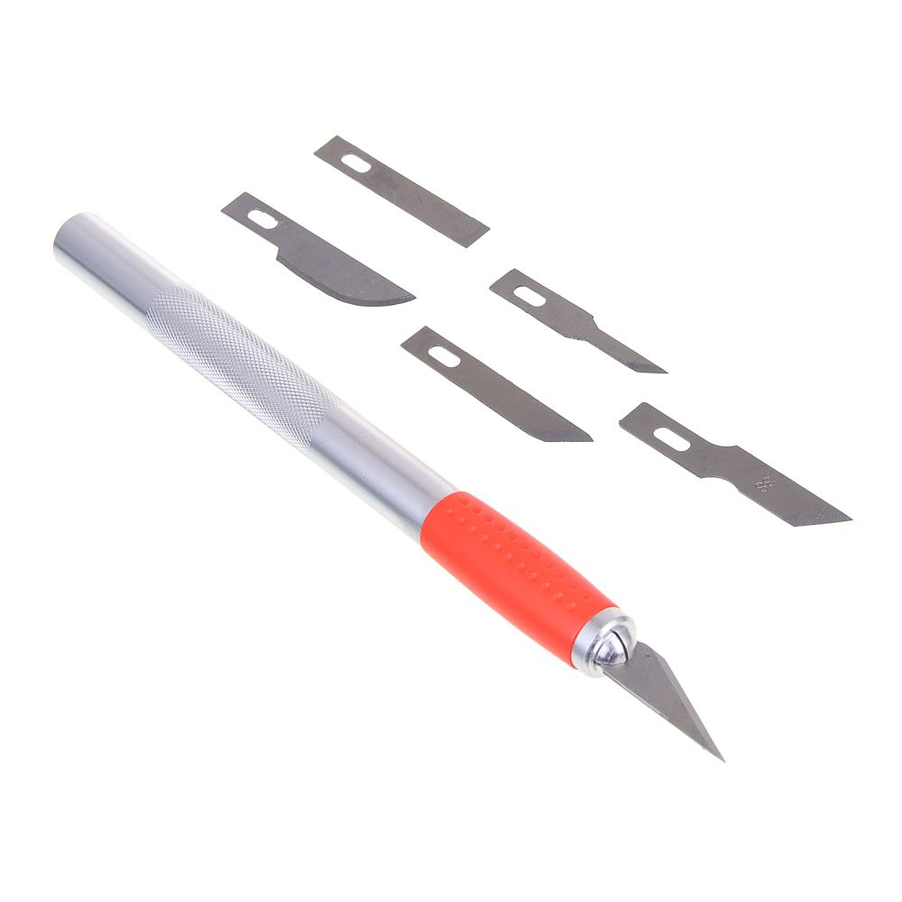 ЕРМАК Нож макетный, металл+TPR + 6лезвий разнотипных, пластиковый кейс, блистер, арт.№ 685-041