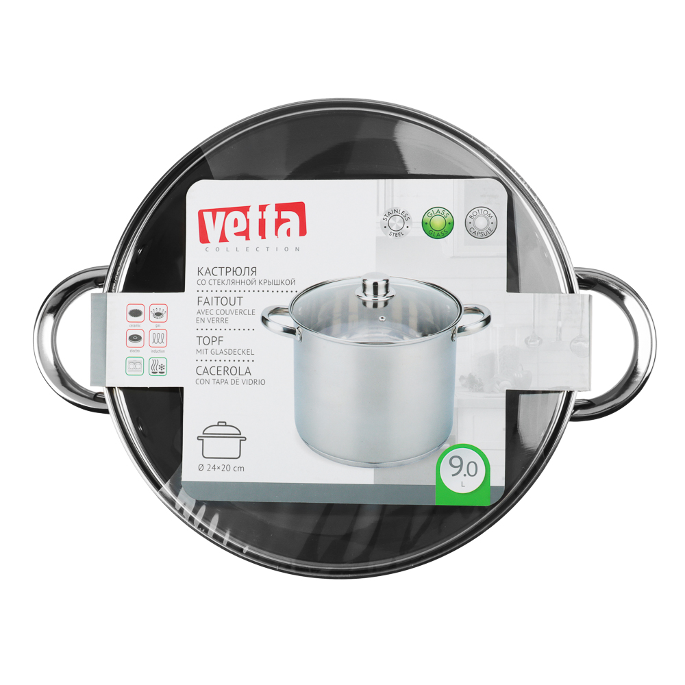 VETTA Орландо Кастрюля 24х20см, 9,0л, со стекл. крышкой, индукция, арт.№ 822-284