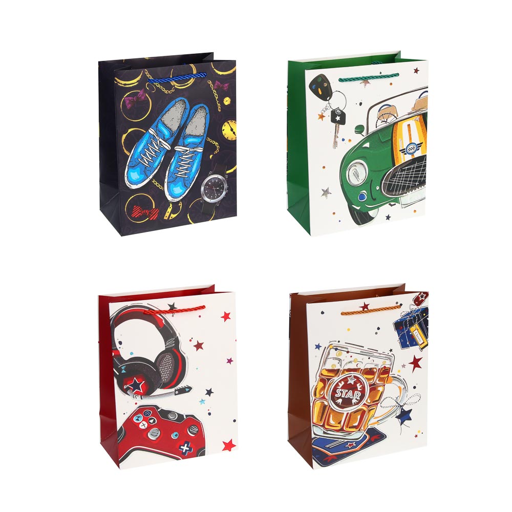 Пакет подарочный бумажный тм LADECOR M 18x23x10 см, для мужчин арт 2, 4 дизайна, арт.№ 507-476