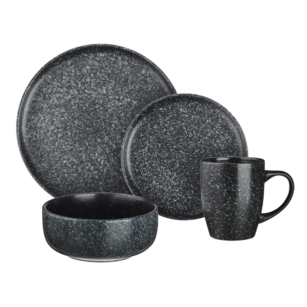 MILLIMI Набор столовой посуды 16 предметов (тарелка 26 см - 4 шт., тарелка 20 см - 4 шт., салатник 14 см - 4 шт., кружка 340 мл - 4 шт.) керамика, черный, арт.№ 824-184